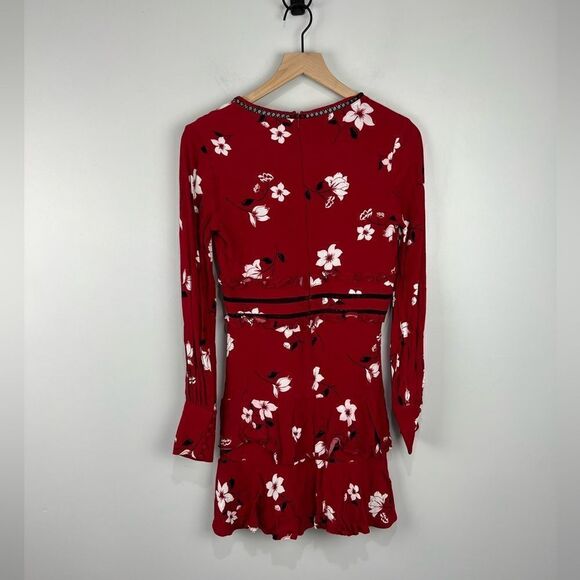 Bardot Red Floral Long Sleeve Mini Dress 4 XS - Picture 6 of 8